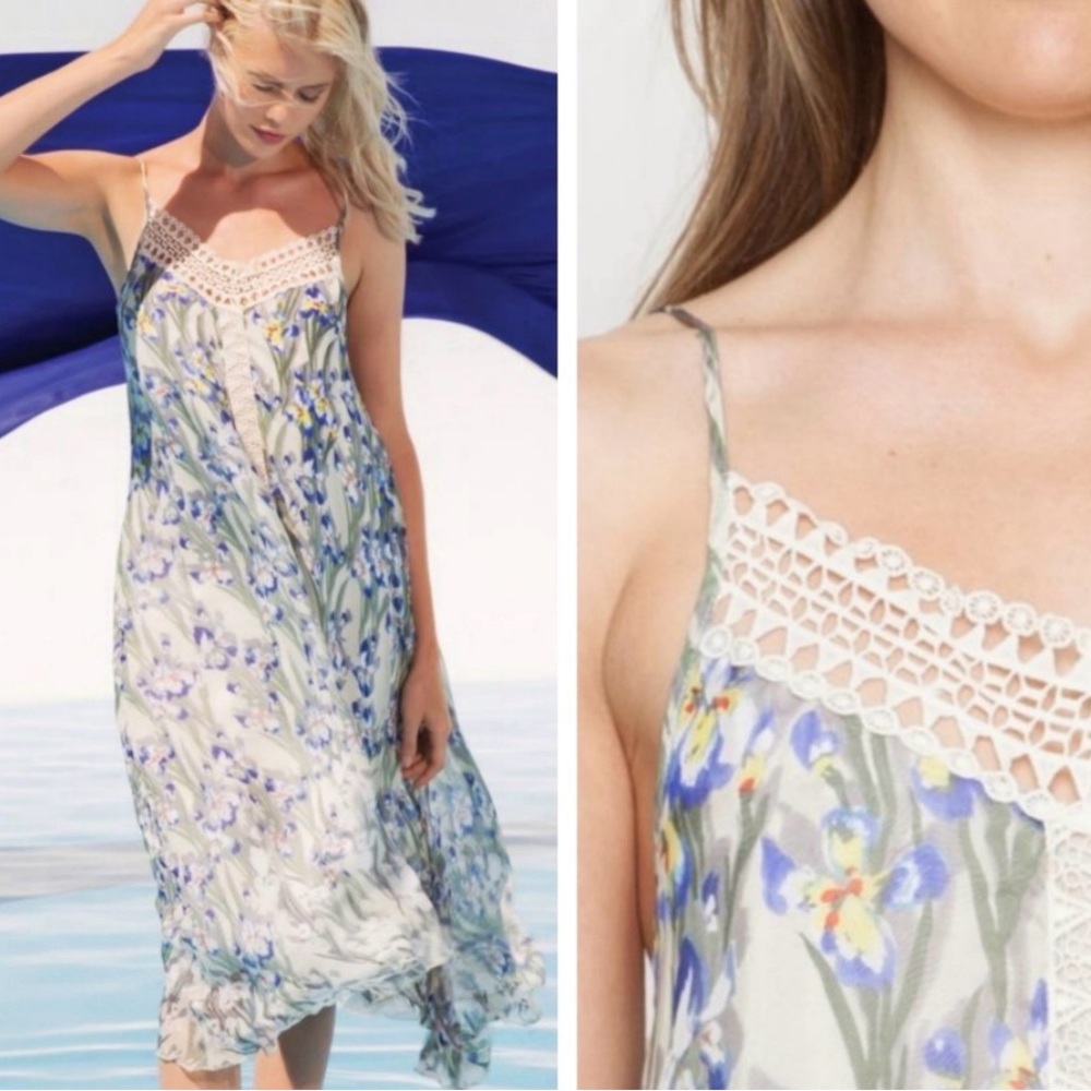 Johnny Was Cream Slip Midi Dress with Blue and Green Floral Print